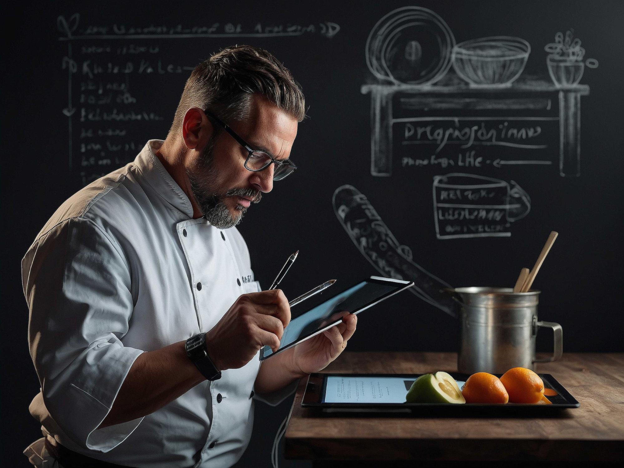 Koch mit Laptop und Rezeptnotizen